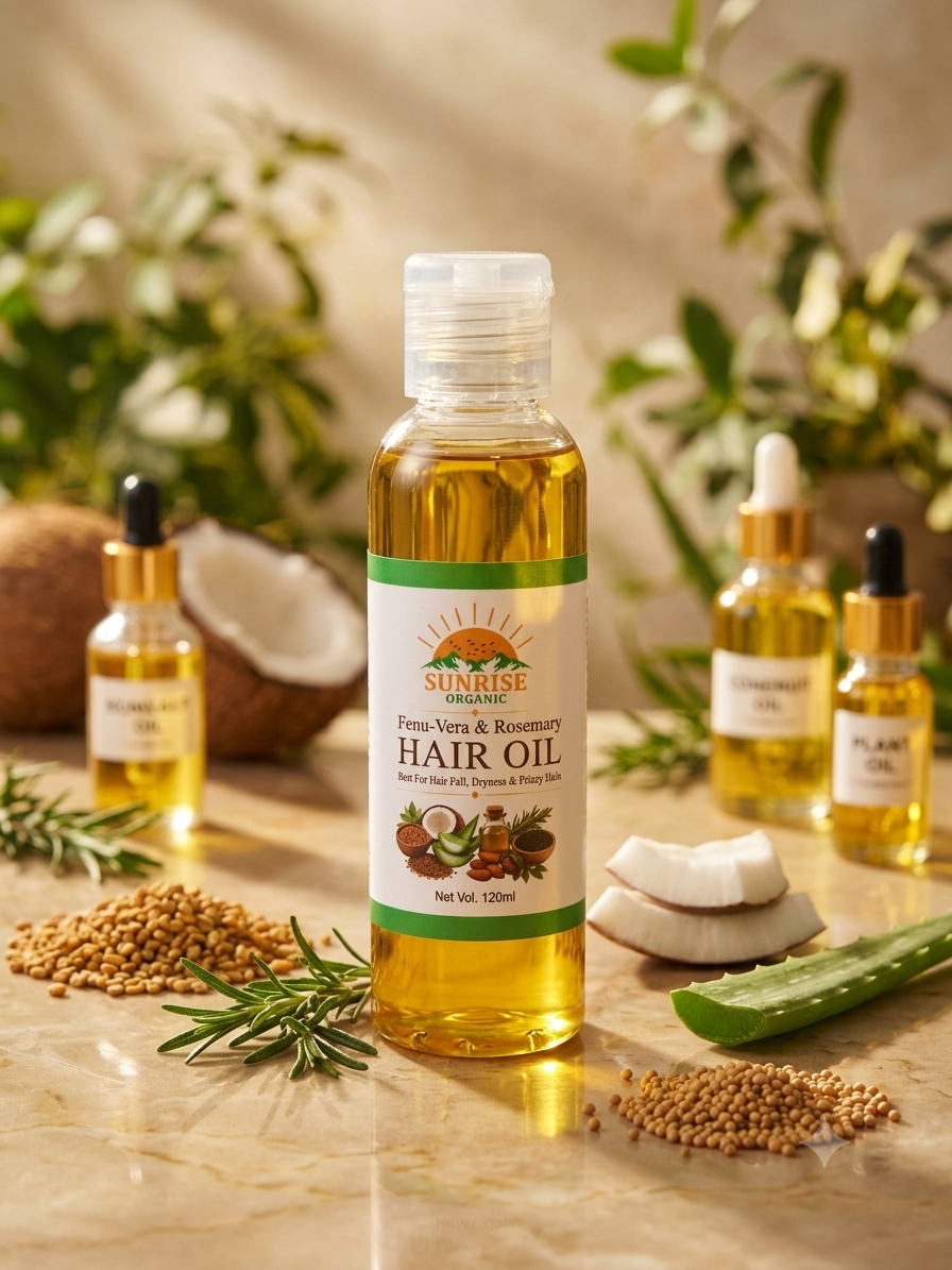 Sunrise Organic hair oil surrounded by rosemary, mustard seed and aloe vera