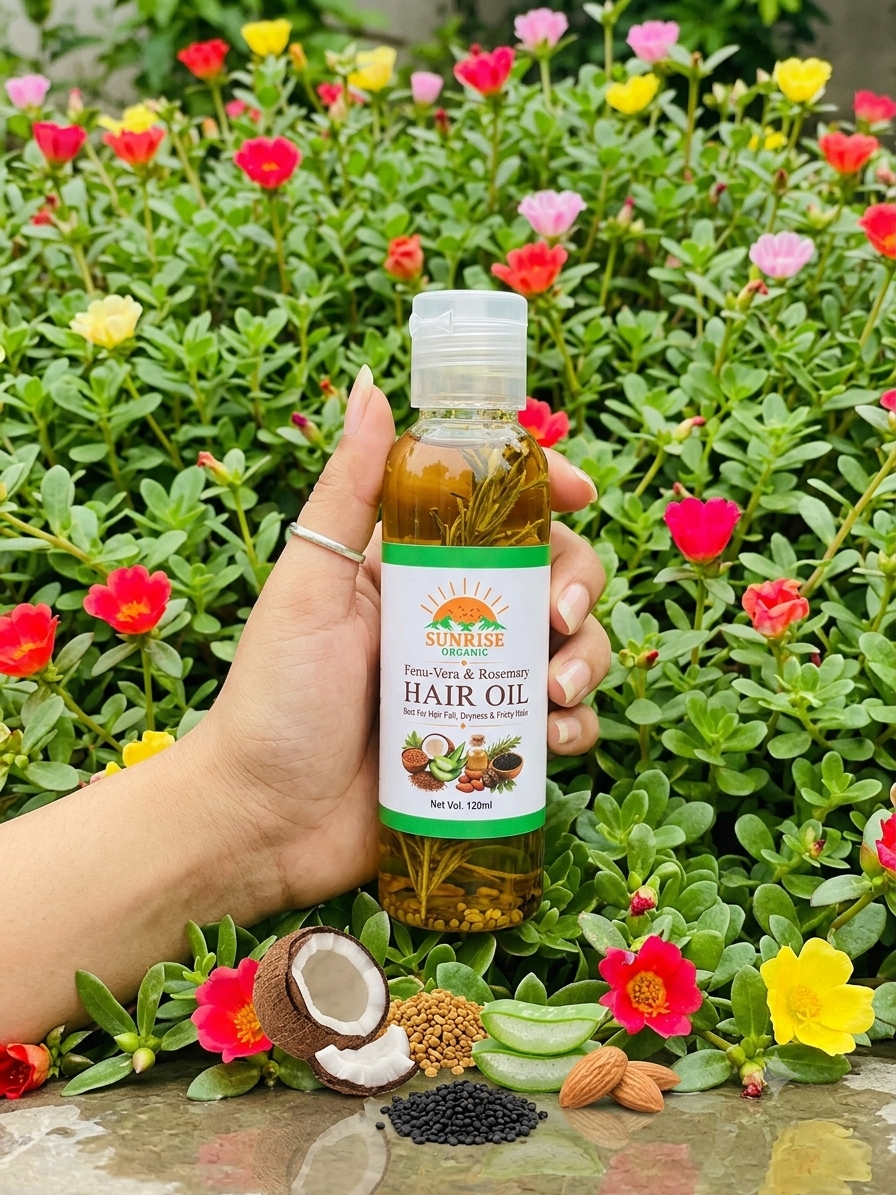 A hand holding a bottle of Sunrise Organic hair oil among flowers