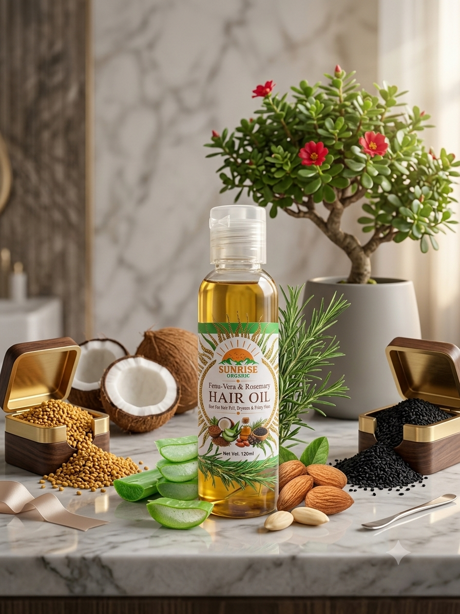 Fenu-Vera & Rosemary Hair Oil bottle with coconut, almonds and aloe vera